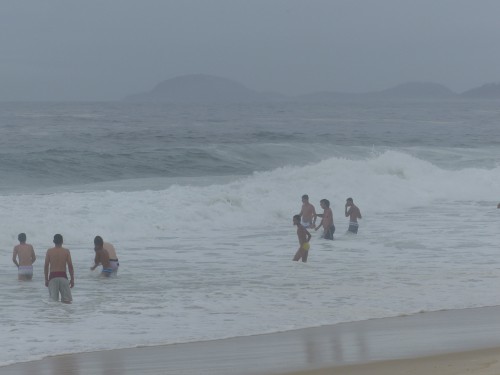 Beach scene on a gloomy day in Rio de Janeiro.