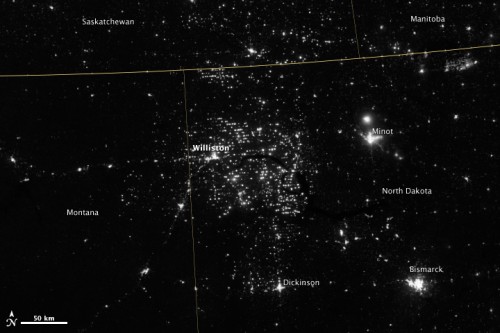 Satellite image showing dots of light from flared natural gas in North Dakota