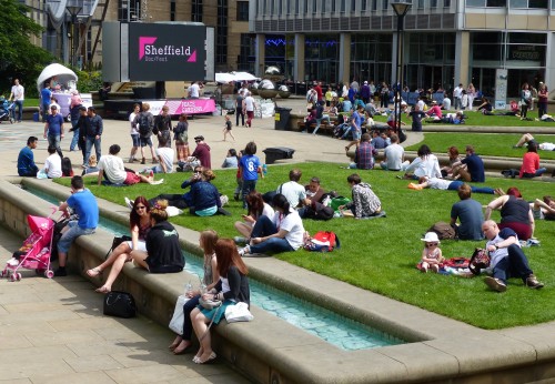People watching an outdoor screen in Sheffield