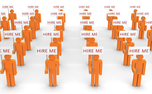 Orange figures holding up signs that say "hire me"