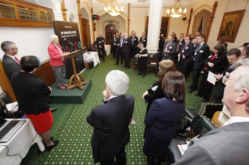 Audrey Wood address guests in the Churchill Room at the Palace of Westminster at the 2014 Institute of Physics innovation awards