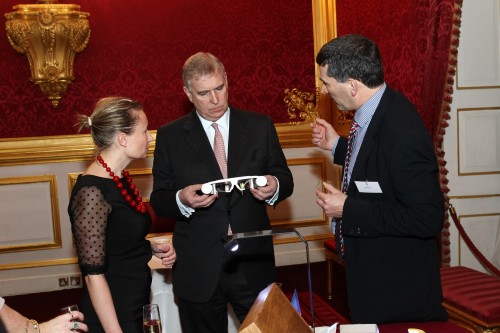 Duke of York tries on NPL glasses at UK launch of the International Year of Light 28 January 2015