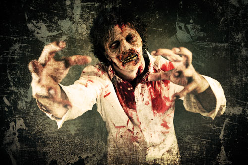Photograph of a person dressed as a zombie