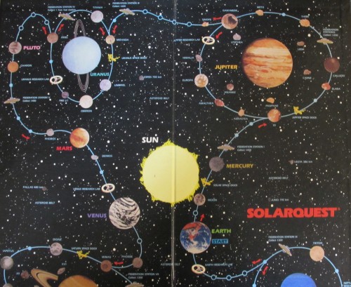 A photo of the board game Solarquest, which contains images of all nine planets, several of their moons, and a path between them