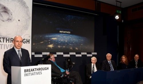 Alien hunters: Yuri Milner (left) and the great and the good of astronomy announce the Breakthrough Initiatives (Courtesy: Breakthrough Initiatives)
