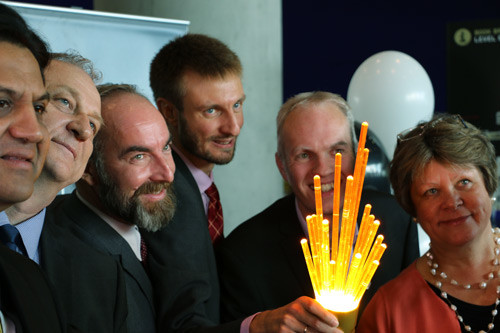 Photo of Julia King and others with Maxwell's Torch at the Library of Birmingham on 25 September 2015