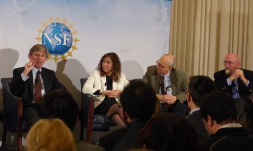 LIGO leaders at the press conference (l-r): executive director David Reitze, spokesperson Gabriela González, Rai Weiss, Kip Thorne