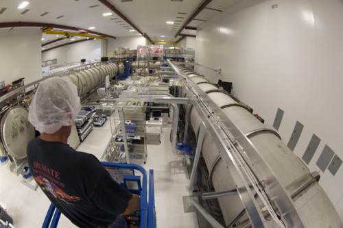 A bird's eye view of LIGO Hanford's laser and vacuum equipment area (LVEA). The LVEA houses the pre-stabilized laser, beam splitter, input test masses, and other equipment. 