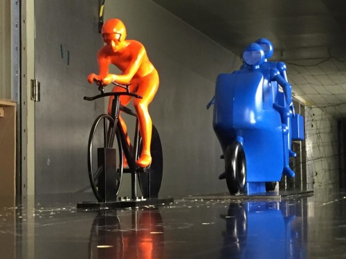 Scale models of a cyclist and a motorcycle that were used in this research. They're about four times as small as in real life. 