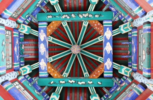 Photo of a colourful pagoda ceiling