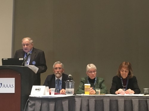 At the AAAS meeting in Boston, February 2017, Neal Lane introduces John Holdren (left), Kerri-Ann Jones (centre) and Rosina Bierbaum