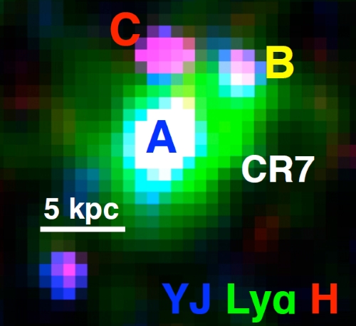 A galaxy far away: this false colour image of CR7 was taken by several telescopes (Courtesy: David Sorbal et al)
