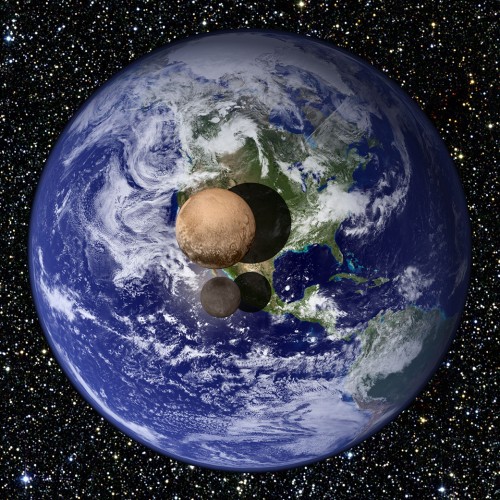 An illustration showing the relative sizes of Pluto, its moon Charon and the Earth