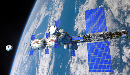A space station made from four B330 inflatable pods, which are the white cylinders (Courtesy: Bigelow Aerospace)