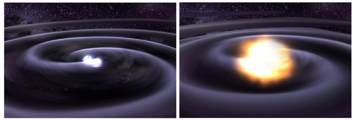 Illustration of two black holes spiralling into each other to create a larger black hole (Courtesy: Caltech/MIT/LIGO Lab)