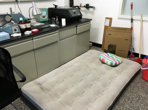 An inflatable bed in a physics lab