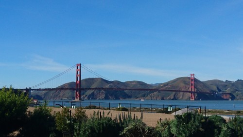 Photo of the Golden Gate Bridge against a clear blue sky
