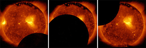 X-ray images of eclipse taken by telescope on Hinode solar observation satellite