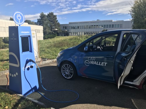 A prototype electric car that uses Blockchain technology to securely pay for tolls and parking (Courtesy: Sarah Tesh)